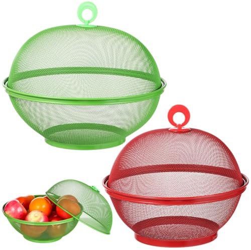 2 Pcs Mesh Fruit Baskets, Summer Mesh Wire Bowls with Lids, Metal Protective Fruit Holders, Countertop Vegetable Strainers, Food Storage Containers for Kitchen, 11.2 & 9.8