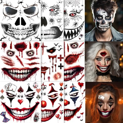 ENYACOS 9 Blätter Halloween Gesichtstattoo+2 Blätter Totenkopf-Handtattoo，skelett zombie joker Vampir teufel und hexen tattoo gesicht, Mund Tattoo，Halloween Make up Accessoires (A)