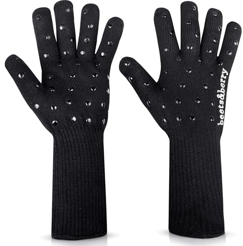 Oven Gloves with Fingers by Beets & Berry, Cooking Gloves Heat Resistant up to 650°F, for Small Hands, Baking Gloves Extra Long, BBQ Glove, Oven Glove, Kitchen Gloves for Oven, Grill Gloves, Black