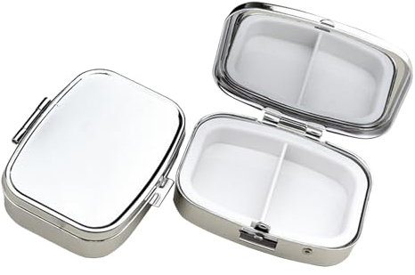 2 Stück Pillendose Klein für Unterwegs,Pillendose Klein,Tablettenbox Metall mit 2 Fächern,Tablettendose für Unterwegs,Mini Medikamentenbox Edelstahl Pillenbox,Kleine Pillendöschen für Pillen Vitamine