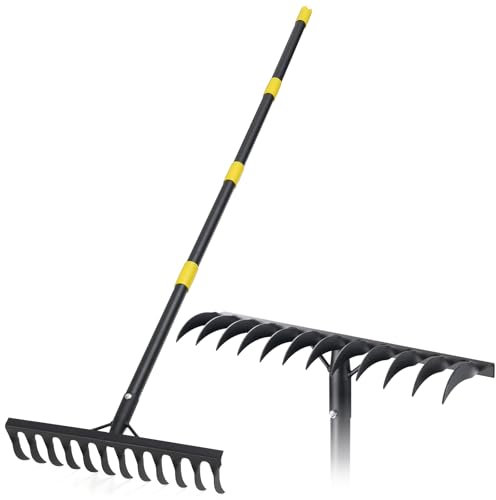 Gartenrechen Schwerlast, 189 cm, Metallrechen mit 12 Zinken, Bogenrechen mit langem Griff zum Lösen von Boden, Nivellierung, Rasen, Landwirtschaft, Land, Schwarz