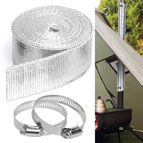 Wintcomfort Fireproof Pipe Wrap Insulation, 2W X 16'L Heat Insulation Pipe Wrap, Fiberglass Heat Shield Tape Pipe for Stove Flue Protector, Anti-Scald Chimney Ribbon with 2 Stainless Clamps & 4 Ties