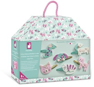Janod - Set zum Basteln von 6 Haarspangen - Katze und Hund - Kit Kreatives Gestalten Kinder - Lernen Feinmotorik und Kreativität - Ab 5 Jahren - J09181
