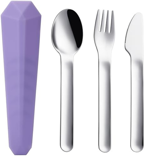 DEVICO Travel Cutlery Set, 18/8 Stainless Steel Knife Fork Spoon Set | 4-Piece Reusable Picnic Camping Cutlery Set for 1, Portable Flatware for Outdoor/Work/School/Lunch Box, Silicone Case, Purple