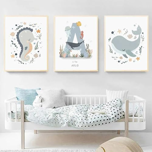 3 Poster Marine-Kinderzimmer, 30 x 40 cm, Poster Meerestiere, Wal, Seepferdchen, personalisierbar, Vornom, Kinder, Jungen, Leinwand, Babyzimmer, Blau, ohne Rahmen