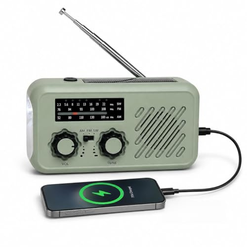 Hominas Kurbelradio Notfallradio mit 2000mAh Powerbank, FM/AM/SW Notfall-Solarradio Tragbar Emergency Radios mit SOS-Alarm LED Taschenlampe für Notladung von Smartphone, für Camping Outdoor