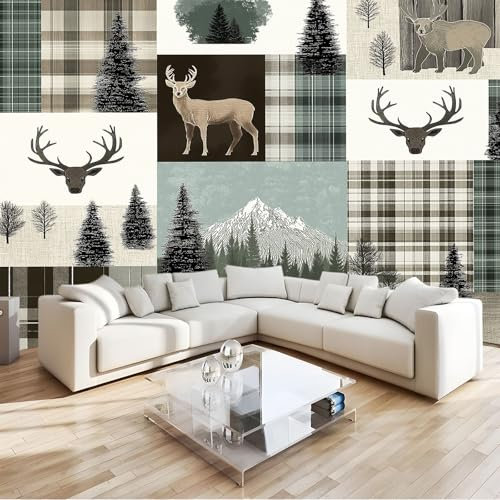 Papel Pintado Cuadros Vintage De Ciervos Y Pinos Para Exteriores 250 x 175 cm Fotomurales decorativos modernos de pared en tejido no tejido Gris, para murales fotográficos para salón o dormitorio