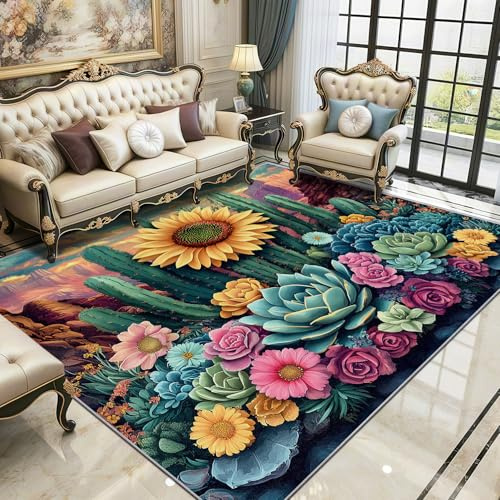 TerroVee Sunflower Rugs Living Room Large 200x300 - Bohemian Cacti Succulent Colorful Garden Floral Bedroom Rug, Southwestern Landscape Washable Non Slip Low Pile Carpet, Sunflower Home Decor