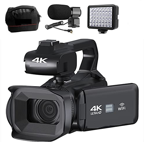 EKOUQIN Caméscope Professionnel 18X Full 4K 60FPS for Webcam en Direct 64MP caméra vidéo numérique 4 enregistreur Vlog à écran Rotatif Filmer, enregistrer, Diffuser(16G SD Card,with Light MIC)