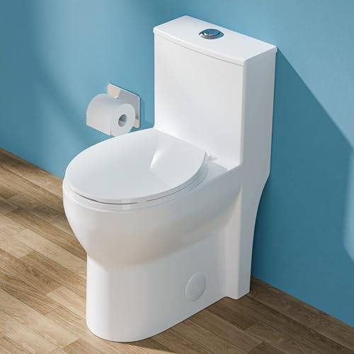 HOMLYLINK 19 Inch Compact Modern Tall Toilet for Seniors,Tornado Flush One Piece ADA High Skirt Toilet for Small Bathroom Space, Dual Flush 1.0/1.28 GPF, Comfort Bowl Heigh 18 Inch,12 Rough-in, White