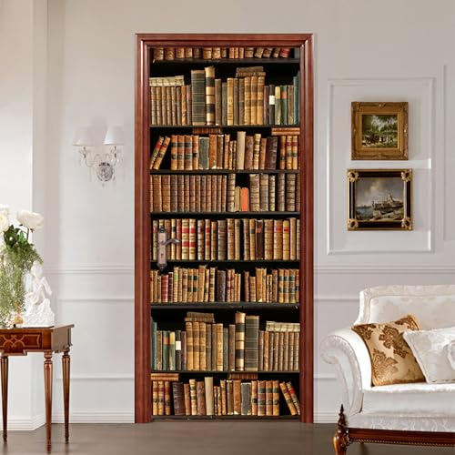 AstraDesign Tür Tapete „Antikes Bücherregal“ 88x200cm – selbstklebende PVC-Folie, Premium Qualität – detailreiche Optik – für Wohnzimmer, Büro oder Bibliothek – rückstandslos entfernbar