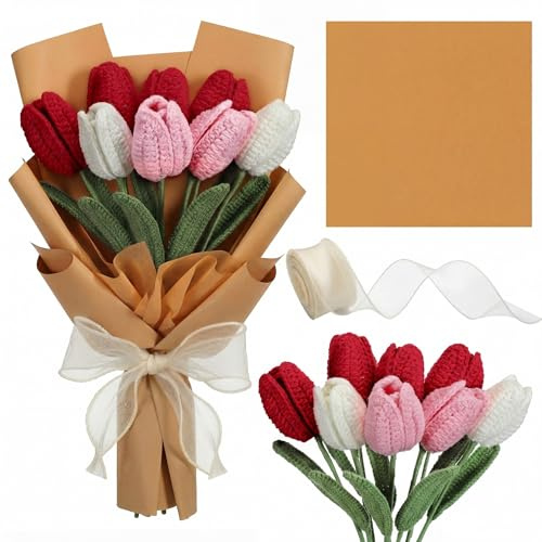 Maysing Crochet DIY Tulip Flower Bouquet Handmade Flower Bouquet Birthday Gifts for Mom Artificial Knitted Tulip Flowers for Mother's Day Women Wife Wedding Anniversary Graduation