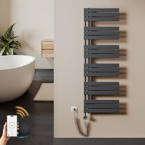 S'AFIELINA scaldasalviette Elettrico Bagno 1599×500mm Antracite, 1000 W termoarredo Elettrico Bagno con WiFi e termostato, Timer 7×24 h, Protezione antigelo, LCD, Tubi Piatti Design scaldasalviette