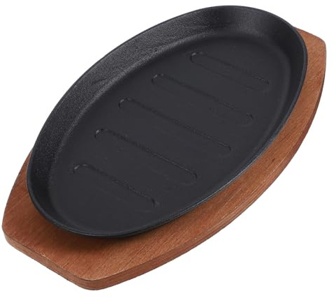 Toyvian Sartén Parrilla de Hierro Fundido con Base de Madera Placa para Asar Carne y Pescado Plancha Teppanyaki para Hogar y Cocina