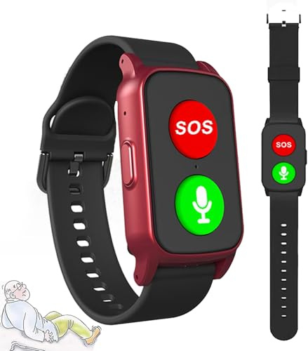 WhFKLca Montre Connectée Anti-Chute pour Seniors, Bracelet GPS, Fonction Sos, Appels Vocaux HD, Mesure De La Fréquence Cardiaque Et De La Température, étanche, Batterie Longue Durée Red