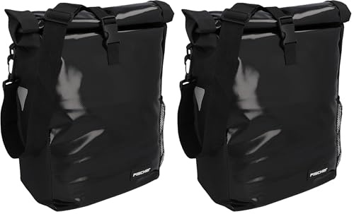 Fischer Fahrrad Gepäckträgertasche Kurier, Fahrradtasche, Umhängetasche, Reflektor, 18 Liter, wasserabweisend, schwarz (Packung mit 2)