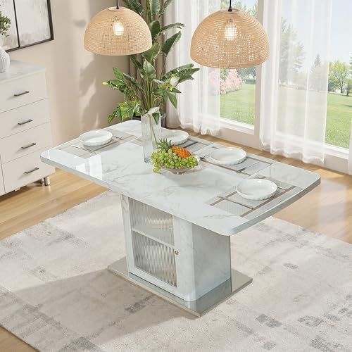 NuvlaGu Mesa de comedor extensible de 120 a 160 cm, moderna, rectangular con aspecto de mármol blanco, mesa de comedor con espacio de almacenamiento y puertas de cristal, estructura de metal (blanco)