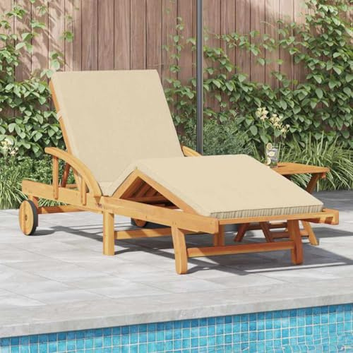 Mokuyary Sonnenliege Beige 200 x 67 x 84 cm Massivholz Akazieliege mit Rückenlehne und Fußteil verstellbar, mit Rädern Gartenliege Liegestuhl für Garten, Balkon, Terrasse, Camping, Pool