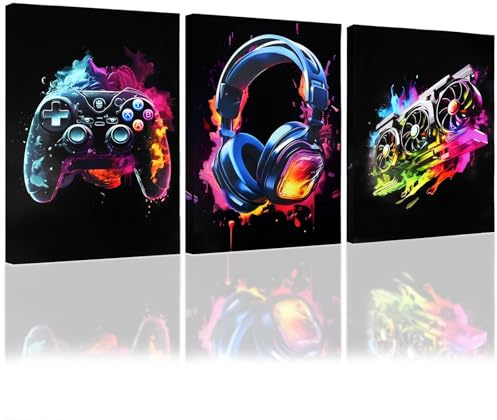 YunBey Set med 3 spelcanvasaffischer med ram, neon spraymålning spelkontroll och headset väggkonst, gamer-väggdekoration för pojkar sovrum, lekrum och vardagsrum (40 x 30 cm)