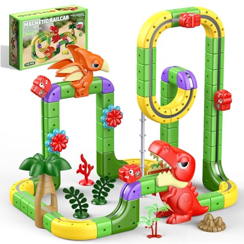 115 PCS Electric Train Set, Dinosaur Toys for Boy Age 3 4 5 6 7 Year Old Boy Construction Toys Girl Gift for 5 6 7 Year Olds Boys Toys for 3-12 3D Embedded Layout Autism Toys