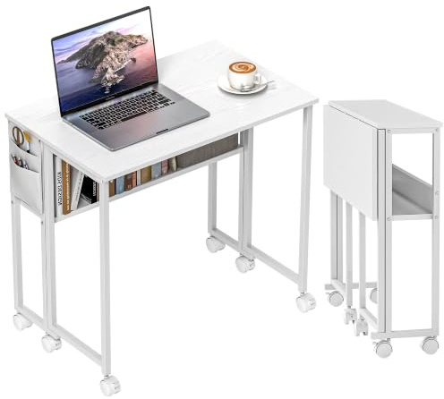 HOMCOM Escritorio Plegable con Ruedas y Estante Casa 80x50x75 cm Blanco | Mesa Escritorio Compacta, Bolsillo de Almacenaje, Mesa de Ordenador Portátil, Oficina, Espacios Pequeños