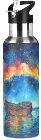 Qilmy Rainbow Sailboat Sport Water Bottle with Straw Lid Vacuum Insulated Stainless Steel Thermo Flask Abstact Bird Floral Water Bottle 33 oz