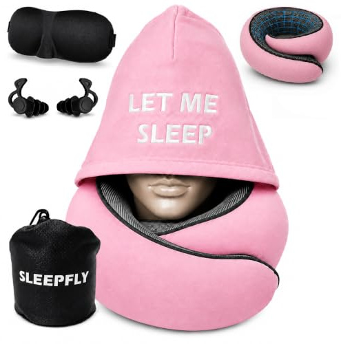 sleepfly Coussin de Voyage à Capuche – Tour de Cou Avion, Masque pour Les Yeux et Bouchons d’Oreilles – Oreiller de Voyage Mousse à Mémoire de Forme – Long Trajet Train Voiture (Rose)