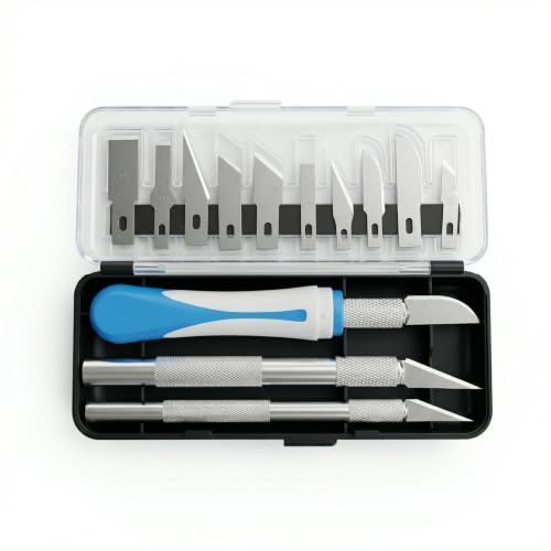 Drwosm 13 Piezas Cutter Profesional, Set Bisturi Quirurgico Para Manualidades Modelismo, Cuchillas De Precision En Acero Al Carbono, Kit Multifuncional Mango Goma Azul Blanco 15.5cm