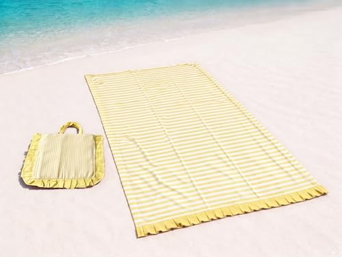 o-day Serviette de plage en coton léger avec frill 180 x 80 cm Serviette de plage avec sac assorti ensemble de plage élégant à rayures (jaune)