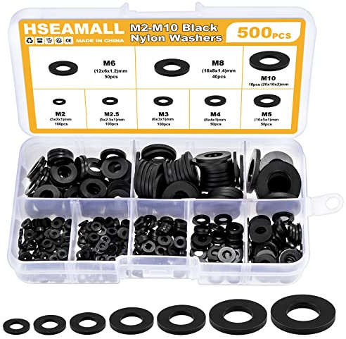 HSEAMALL 500PCS Black Nylon Washers,M2 M2.5 M3 M4 M5 M6 M8 M10 Assorted Flat washers,Insulating Round Seal Spacer Tap Sealing Gasket