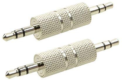 Duttek Adattatore audio da maschio a maschio da 3,5 mm, in metallo argento a 3 poli, adattatore jack stereo da 3,5 mm, connettori accoppiatori per cuffie, confezione da 2