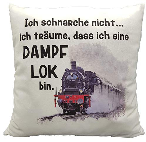 Kinderlampenland Kilala Lokomotive Kissen, Sofakissen 40x40 cm, Kissen mit Spruch Ich schnarche Nicht, Kuschelkissen flauschig, Geschenk Geburtstag Kinder Lokführer