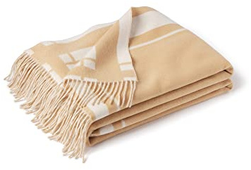 State Cashmere Reversible Throw Blanket with Fringes - Ultra Soft Accent Blanket for Couch, Sofa & Bed - Made with Merino Wool & Cashmere Sourced from Inner Mongolia - (Camello/Beige, 70x50)