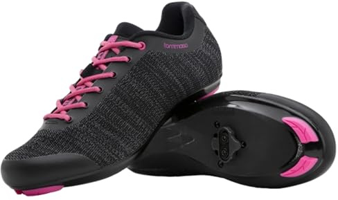 Tommaso Pista Aria Knit Damen Fahrradschuhe Indoor Cycling Class Ready Schuh und Bundle mit kompatiblen Cleat, Look Delta, SPD - Schwarz, Rosa, Grau, Blau, Schwarz Pink Spd, 37 EU