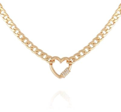 GUESS Goldtone Chain Link Necklace with Pave Heart Charm, One Size, Glass, Crystal