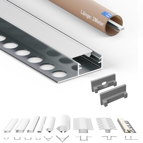 Tivendis Led aluminiumprofil 2 m F2 med tillbehör för remsor/ränder upp till 14 mm bred | satinerad mjölkig | installation slutlister slutlister kakelskena anodiserad