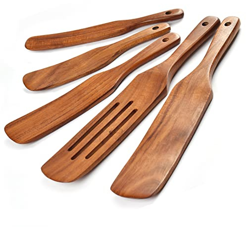 Spurtle Set,Wooden Spurtle Set of 5,Wooden Spoons for Cooking, Natural Teak Wooden Spatula for Cooking, Stirring, Mixing, Serving,Spurtles Kitchen Tools As Seen On Tv, Sourdough Starter Spatula