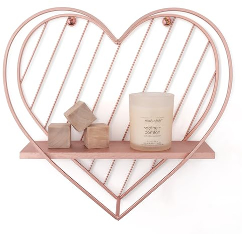 SUMGAR Heart Floating Shelves for Wall with Solid Pine Wood and Metal Wire, Wooden Wall Shelf, Small Wall Mounted Shelf, Shelves for Bathroom, Bedroom, Living Room, Kids' Room and More, Rose Gold