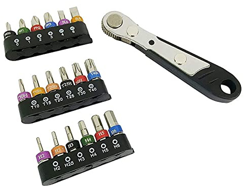 BuyWeek 19 pièces S2 Micro clé à cliquet jeu d'embouts de tournevis, ensemble d'embouts multiples avec clé à cliquet hexagonale plate Phillips Torx 36 dents