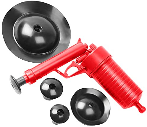 DEKTON DT30340 Drain Blaster with Four ATTACHMENTS,RED,air Powered Plunger,High Pressure,Clog Remover, for Bath Toilets, Bathroom, Shower, Kitchen Clogged Pipe Bathtub.