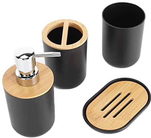 EBTOOLS Ensemble de 4 Accessoires de Salle de Bain Complets, Ensemble de Salle de Bain avec Porte-Brosse à Dents, Porte-Savon, Distributeur de Lotion et Gobelet, en Plastique + Bambou(Noir)