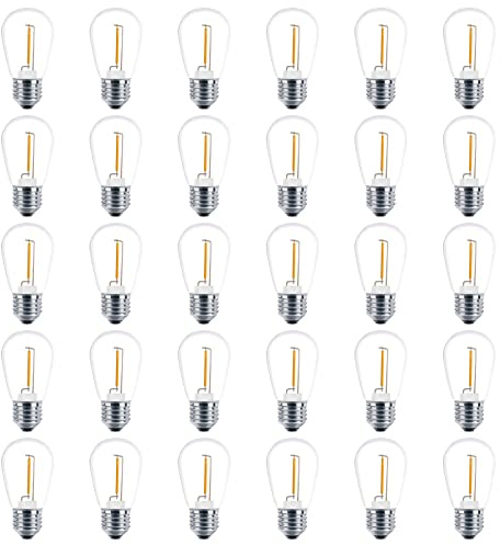 Meconard Lot de 30 ampoules S14 Edison String Light Bulbs 1 W de rechange pour guirlande lumineuse d'extérieur à filament LED à faible puissance résistant aux chocs Culot E26 Medium Base 2200 K Blanc
