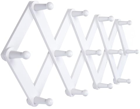 AMAPON Expandable Coat Rack Accordion Wood Wall Hanger 13 Peg Hook Hang Hat Cap Coffee Mug Towels Leash Scarf Umbrella Bag (White)