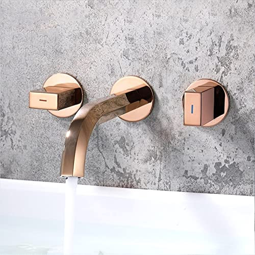 PINCHU Wasserhahn Bad, Messing in Wandmontage 3-Loch-Wasserhahn, Warm- Und Kaltmischbatterie, Mischbatterie Waschbecken, Armatur Waschbecken, Badezimmer-Niederdruckarmatur,Rose Gold
