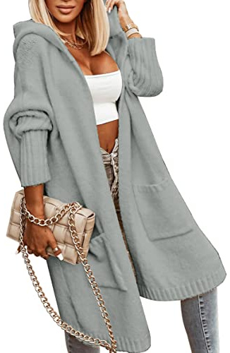 Aoysky Womens Long Cardigans Cable Knitted Open Front Oversized Hooded Outerwear Sweater Coat Grey