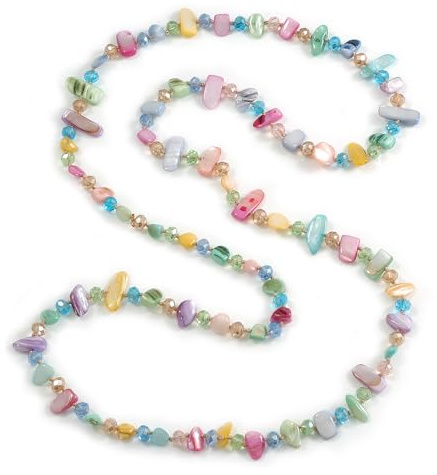 Avalaya Pastel Multicoloured Shell Nugget and Glass Bead Long Necklace - 115cm Long