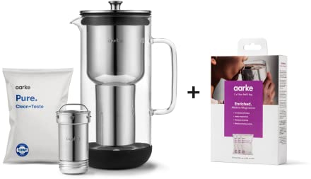 Aarke Purifier, jarra filtrante de agua en vidrio y acero inoxidable (2,4 L / 10 tazas) + pack de 3 bolsas de recarga de filtro Enriched