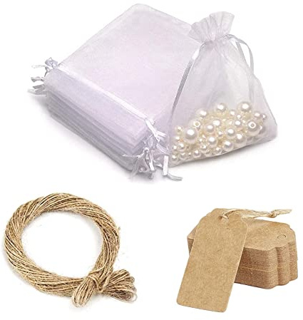 Weiße OrganzaBeutel,Organzasäckchen mit Kordelzug,Säckchen Schmuckbeutel,10 m Natürlicher Jute-Schnur,20 Stück Organzasäckchen, 20 Stück Kraftpapier-Etiketten,Hochzeit Säckchen, Schmuckbeute(30x20CM)