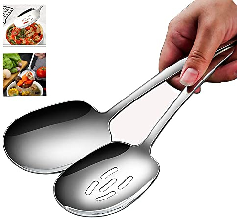 SIAIQIANG Extra Large Serving Spoons Set,18/8 Stainless Steel Slotted Spoon and Serving Spoon,9.8 Inch Buffet Spoons Set,Tabletop Flatware Utensil (2pack)