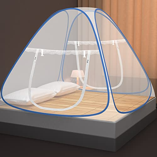 Faburo Zanzariera da letto pieghevole, 2 m x 2 m x 1,5 m x 1,5 m zanzariera a forma di cupola, chiusura a cerniera a doppia porta, campeggio mosquito tenda portatile zanzariera da viaggio